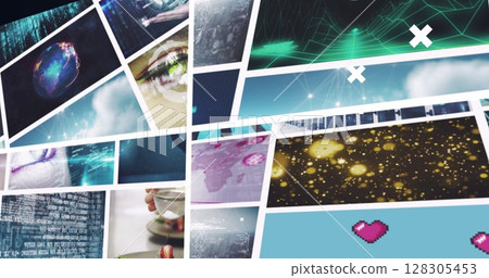 Image of white crosses over multiple screens of technology, business and leisure image clips Image of white crosses over multiple screens of technology, business and leisure image clips 128305453