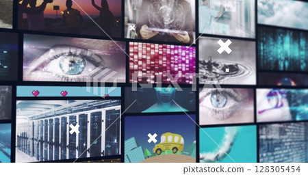 Image of white crosses over multiple screens of technology, business and leisure image clips Image of white crosses over multiple screens of technology, business and leisure image clips 128305454