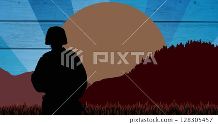 Image of soldier silhouette over sun and mountains on blue background Image of soldier silhouette over sun and mountains on blue background 128305457