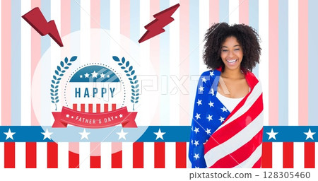 Image of happy fathers day text and woman american flag 128305460