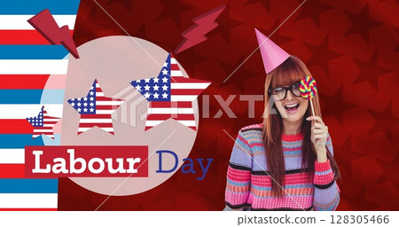Image of labour day text and woman over american flag stars and stripes Image of labour day text and woman over american flag stars and stripes 128305466
