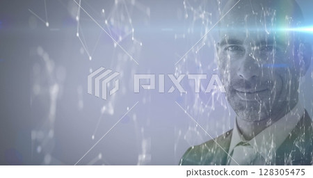 Image of network of connections over man looking at camera Image of network of connections over man looking at camera 128305475