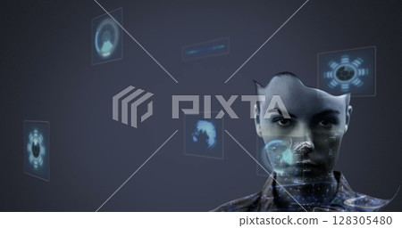Image of digital icons and data processing over woman looking at camera Image of digital icons and data processing over woman looking at camera 128305480