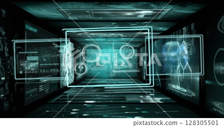 Image of dna strand spinning and medical data processing on screens 128305501