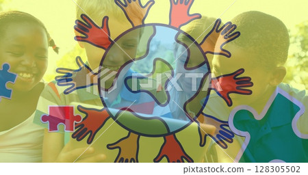 Image of globe with hands logo colorful puzzle pieces over happy playing children Image of globe with hands logo colorful puzzle pieces over happy playing children 128305502