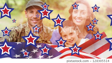 Image of stars and stripes of american flag over smiling soldier father and family 128305514