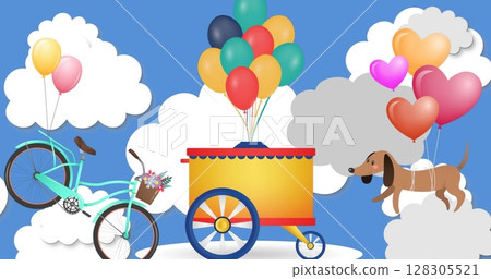 Image of colorful balloons flying over cloudy sky 128305521