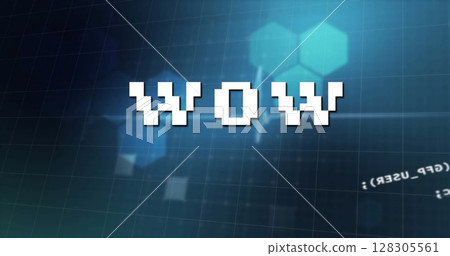 Image of wow text over data processing on blue background 128305561