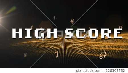 Image of high score text over data processing and glowing dots on black background 128305562