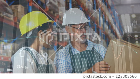 Image of data processing over people working in warehouse 128305566