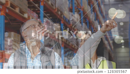 Image of data processing over people working in warehouse Image of data processing over people working in warehouse 128305567