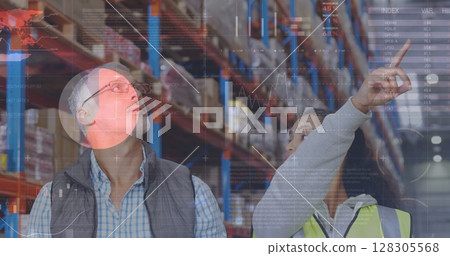 Image of data processing over people working in warehouse 128305568