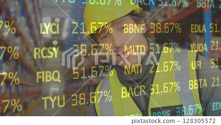 Image of stock market over man working in warehouse 128305572