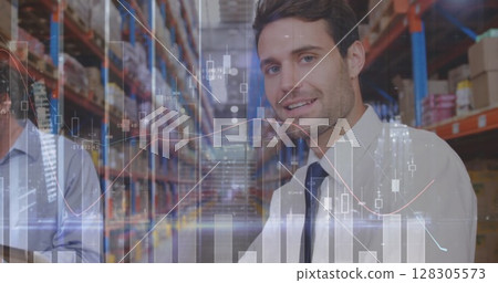 Image of data processing over people working in warehouse 128305573