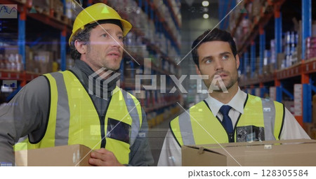 Image of data processing over people working in warehouse Image of data processing over people working in warehouse 128305584
