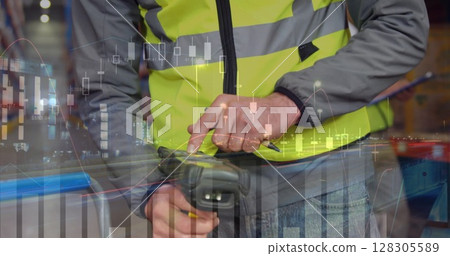 Image of data processing over man working in warehouse 128305589