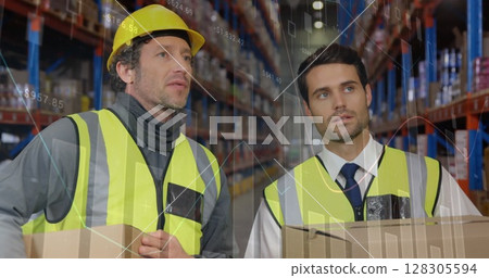 Image of data processing over people working in warehouse Image of data processing over people working in warehouse 128305594