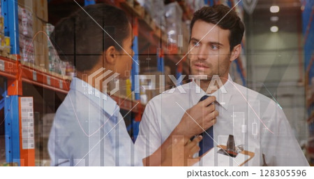 Image of data processing over people working in warehouse Image of data processing over people working in warehouse 128305596