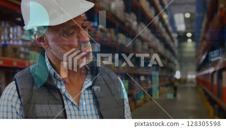 Image of data processing over man working in warehouse Image of data processing over man working in warehouse 128305598