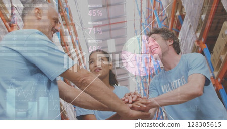 Image of data processing over people working in warehouse 128305615