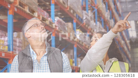 Image of data processing over people working in warehouse Image of data processing over people working in warehouse 128305618