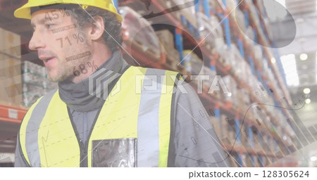 Image of data processing over people working in warehouse Image of data processing over people working in warehouse 128305624
