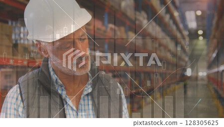 Image of data processing over man working in warehouse Image of data processing over man working in warehouse 128305625