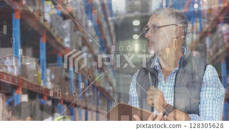 Image of data processing over people working in warehouse Image of data processing over people working in warehouse 128305628