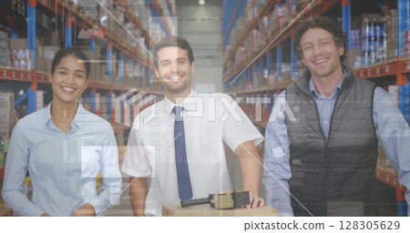 Image of data processing over people working in warehouse Image of data processing over people working in warehouse 128305629