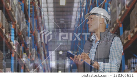Image of data processing over man working in warehouse 128305631
