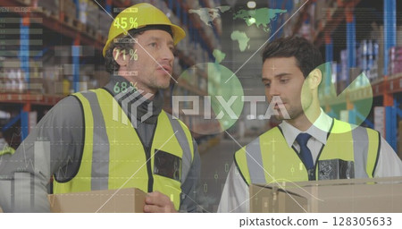 Image of data processing over people working in warehouse Image of data processing over people working in warehouse 128305633