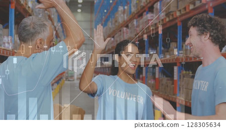 Image of data processing over people working in warehouse Image of data processing over people working in warehouse 128305634