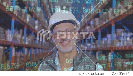 Image of stock market over man working in warehouse Image of stock market over man working in warehouse 128305635