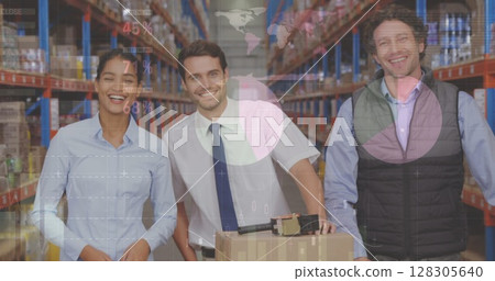 Image of data processing over people working in warehouse Image of data processing over people working in warehouse 128305640