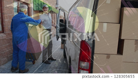 Image of data processing over man packing boxes into car 128305655