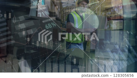Image of data processing over man packing boxes into car 128305656