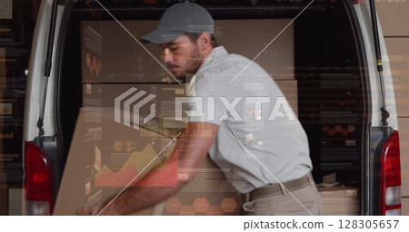 Image of data processing over man packing boxes into car Image of data processing over man packing boxes into car 128305657