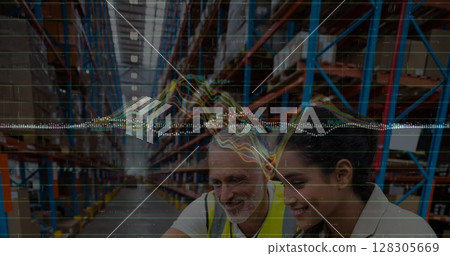 Image of data processing over people working in warehouse 128305669