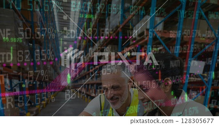 Image of data processing over people working in warehouse 128305677