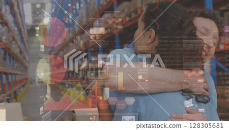 Image of data processing over people embracing in warehouse 128305681