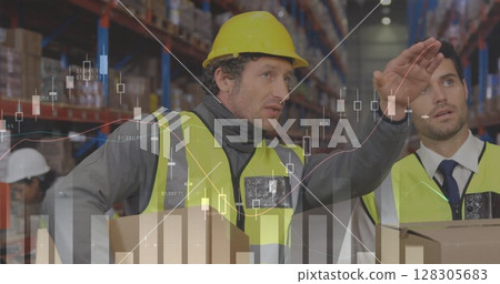 Image of data processing over people working in warehouse Image of data processing over people working in warehouse 128305683