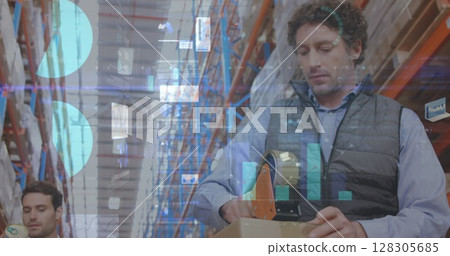 Image of data processing over people working in warehouse 128305685