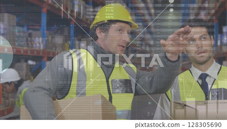 Image of data processing over people working in warehouse 128305690