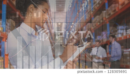 Image of data processing over woman writing on clipboard in warehouse 128305691
