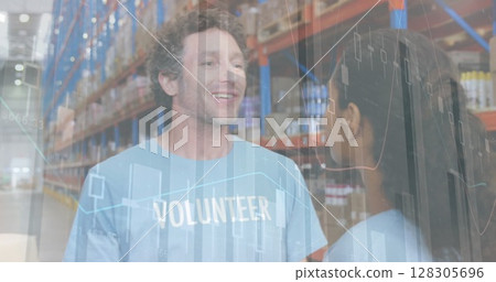Image of data processing over people embracing in warehouse Image of data processing over people embracing in warehouse 128305696