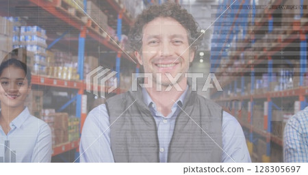 Image of data processing over people working in warehouse Image of data processing over people working in warehouse 128305697