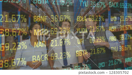 Image of stock market over people working in warehouse Image of stock market over people working in warehouse 128305702