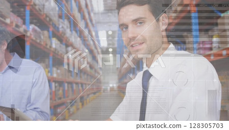 Image of data processing over people working in warehouse Image of data processing over people working in warehouse 128305703