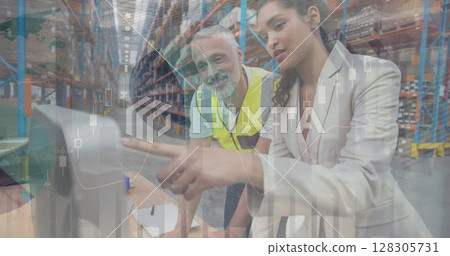 Image of data processing over people working in warehouse 128305731