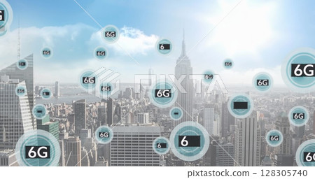Image of network of connections with 6g text over cityscape 128305740